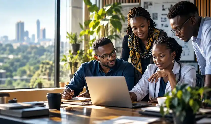 Illustrative photograph of East African professionals collaborating on research around a laptop