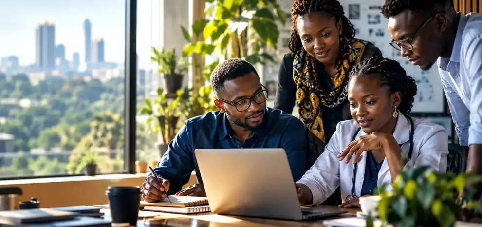 Illustrative image of East African professionals collaborating around a laptop
